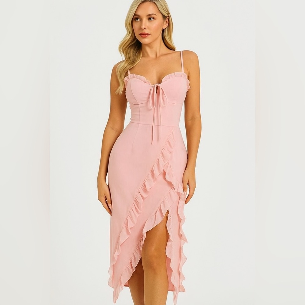 Ruffle Trim Asymmetrical Hem Cami Dress Flamenco Style XS